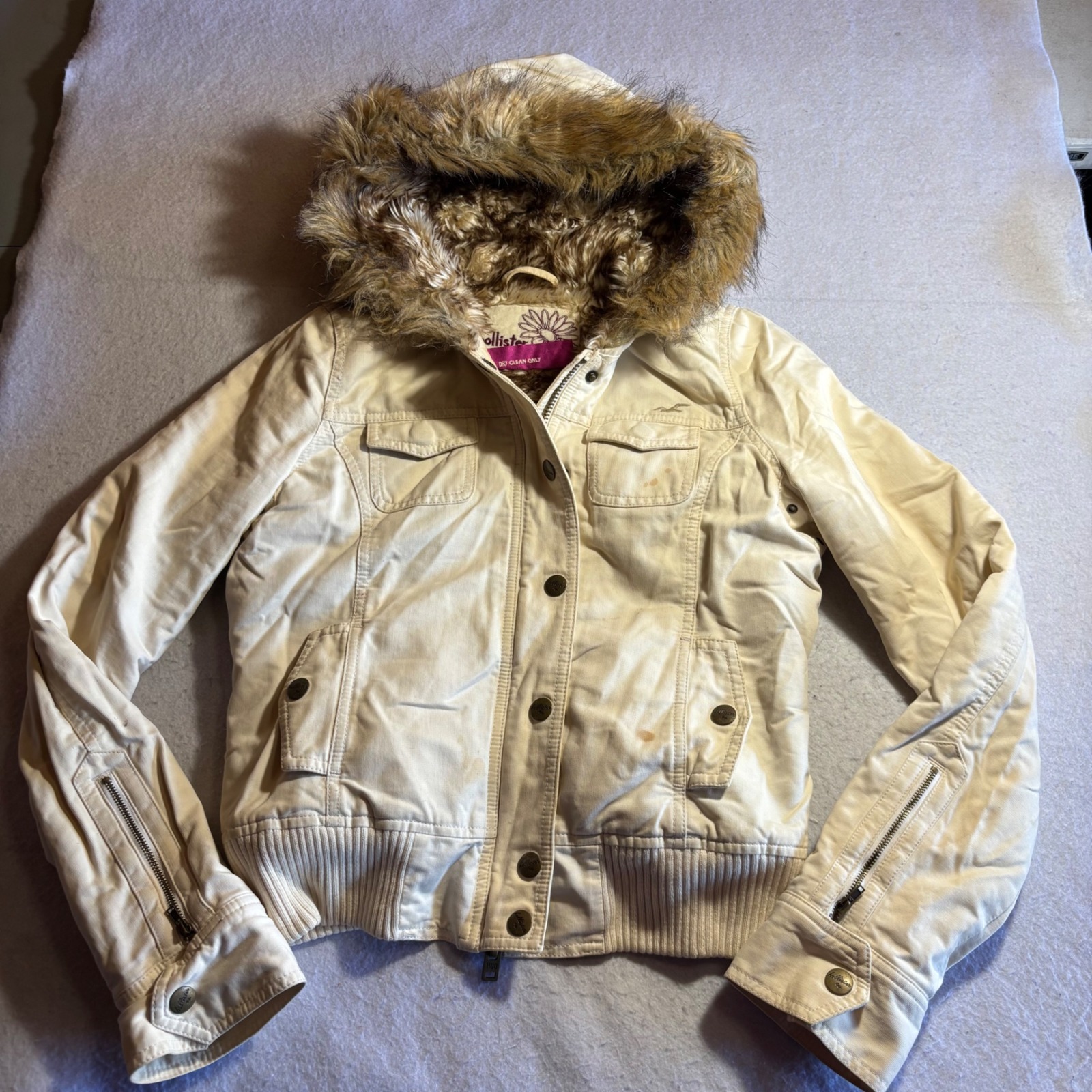 Vintage Y2k Hollister Surf Company Faux Fur Hooded Bomber Jacket Womens Small
